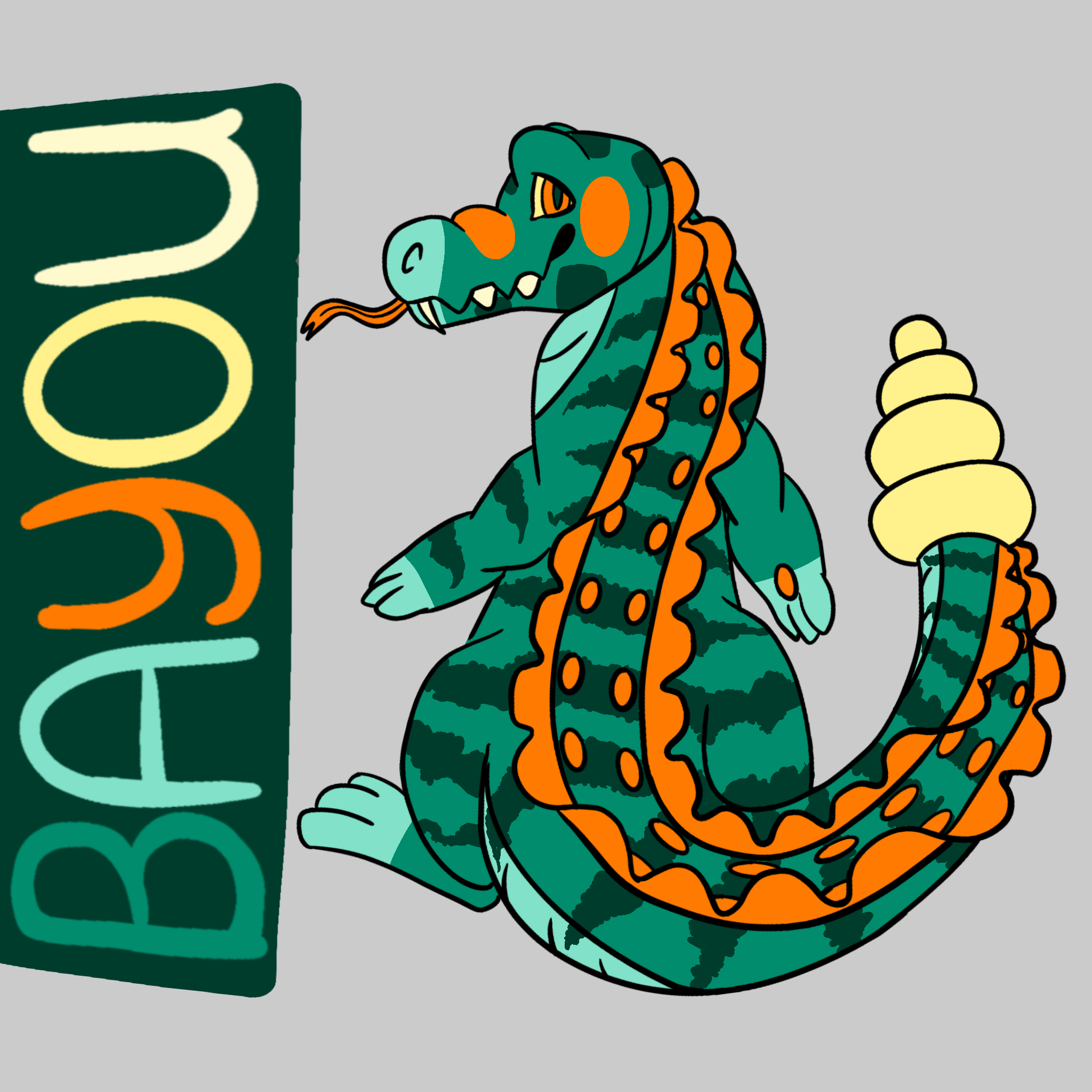 Green cartoon alligator. He's looking back over his shoulder and smiling. He has a snake like tongue and teeth and a long snake like tail with a rattle on the end.